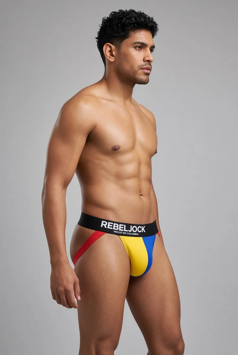 REBELJOCK red yellow and blue jock concept from the front
